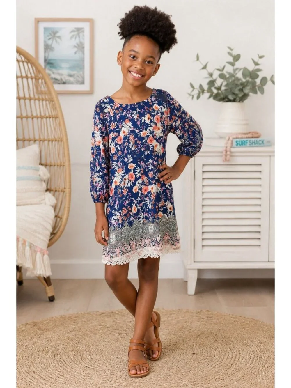 Amy Byer Girls Size 7 Dress Boho Floral Sheer Overlay White Lace Trim
